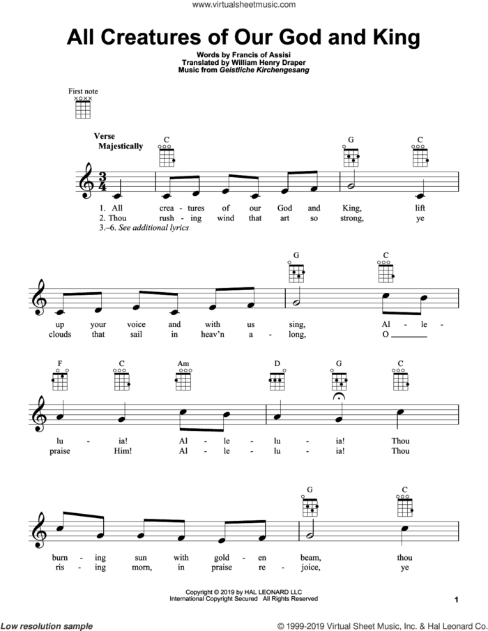 All Creatures Of Our God And King sheet music for ukulele by Francis Of Assisi, Geistliche Kirchengesang and William Henry Draper, intermediate skill level