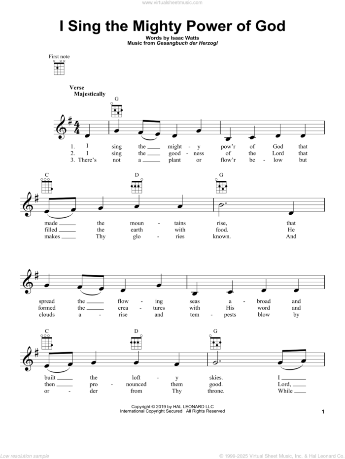 I Sing The Mighty Power Of God sheet music for ukulele by Isaac Watts and Gesangbuch der Herzogl, intermediate skill level