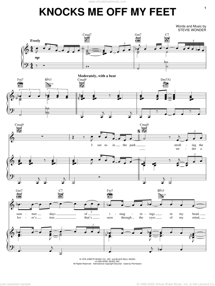 Knocks Me Off My Feet sheet music for voice, piano or guitar by Stevie Wonder, intermediate skill level