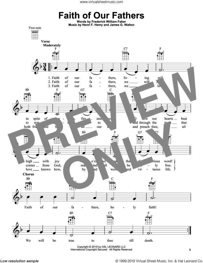 Faith Of Our Fathers sheet music for ukulele by Frederick William Faber, Henri F. Hemy and James G. Walton, intermediate skill level