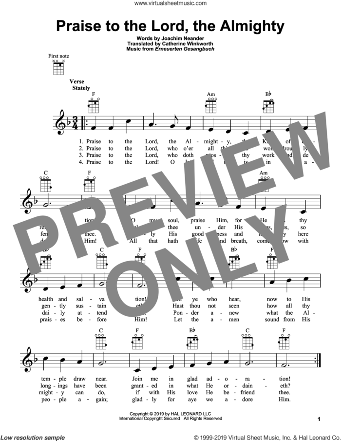 Praise To The Lord, The Almighty sheet music for ukulele by Catherine Winkworth, Erneuerten Gesangbuch and Joachim Neander, intermediate skill level
