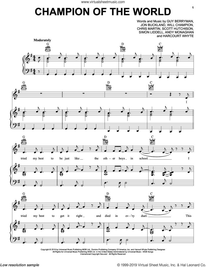 Champion Of The World sheet music for voice, piano or guitar by Coldplay, Andy Monaghan, Chris Martin, Guy Berryman, Harcourt Whyte, Jon Buckland, Scott Hutchison, Simon Liddell and Will Champion, intermediate skill level