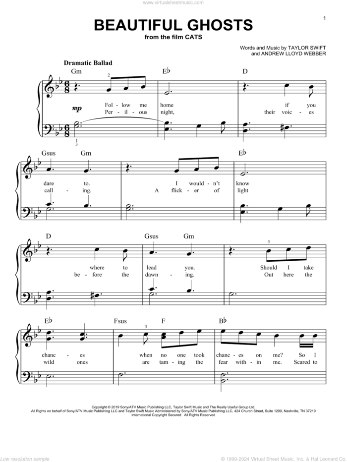 Beautiful Ghosts (from the Motion Picture Cats) sheet music for piano solo by Taylor Swift and Andrew Lloyd Webber, easy skill level