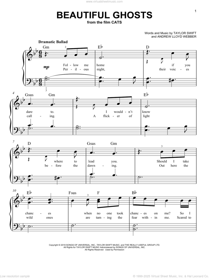 Beautiful Ghosts (from the Motion Picture Cats) sheet music for piano solo by Taylor Swift and Andrew Lloyd Webber, easy skill level