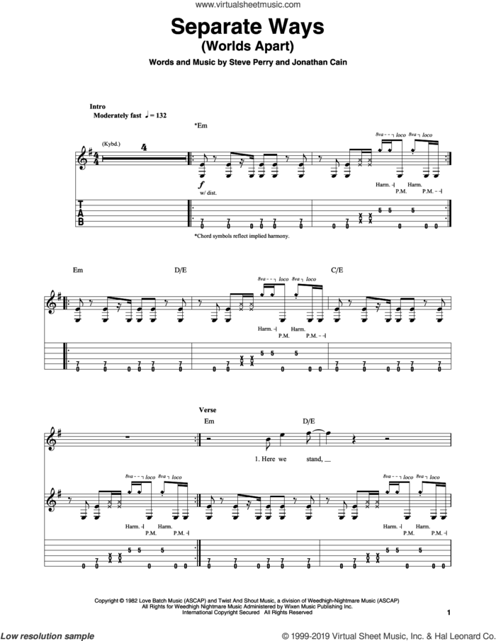 Separate Ways (Worlds Apart) sheet music for guitar (tablature, play-along) by Journey, Jonathan Cain and Steve Perry, intermediate skill level