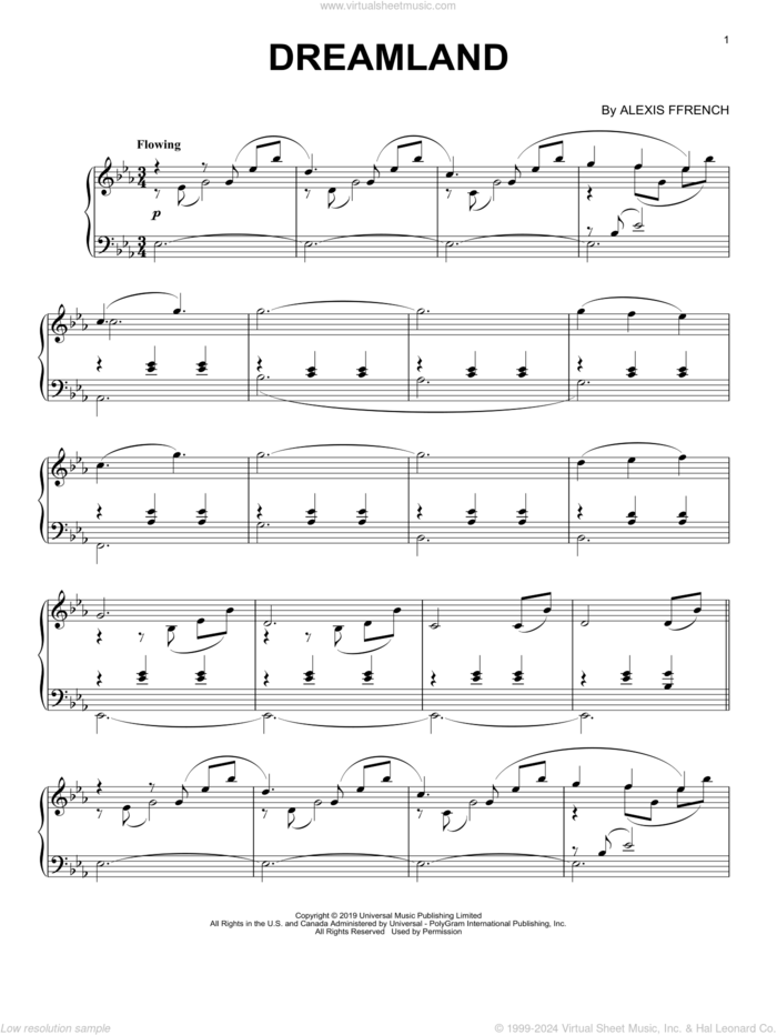 Dreamland sheet music for piano solo by Alexis Ffrench, classical score, intermediate skill level