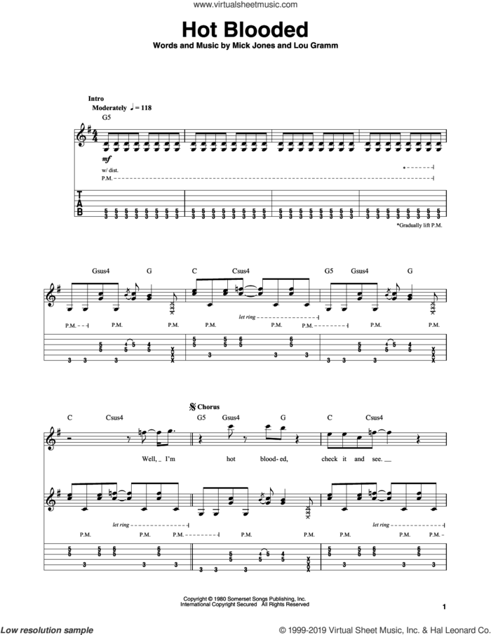 Hot Blooded sheet music for guitar (tablature, play-along) by Foreigner, Lou Gramm and Mick Jones, intermediate skill level