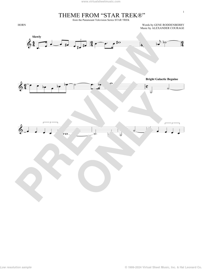 Theme From Star Trek sheet music for horn solo by Alexander Courage and Gene Roddenberry, intermediate skill level