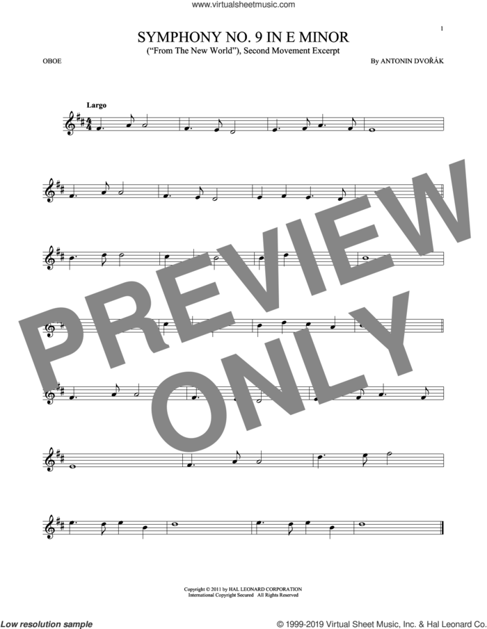 Symphony No. 9 In E Minor (From The New World), Second Movement Excerpt sheet music for oboe solo by Antonin Dvorak, classical score, intermediate skill level
