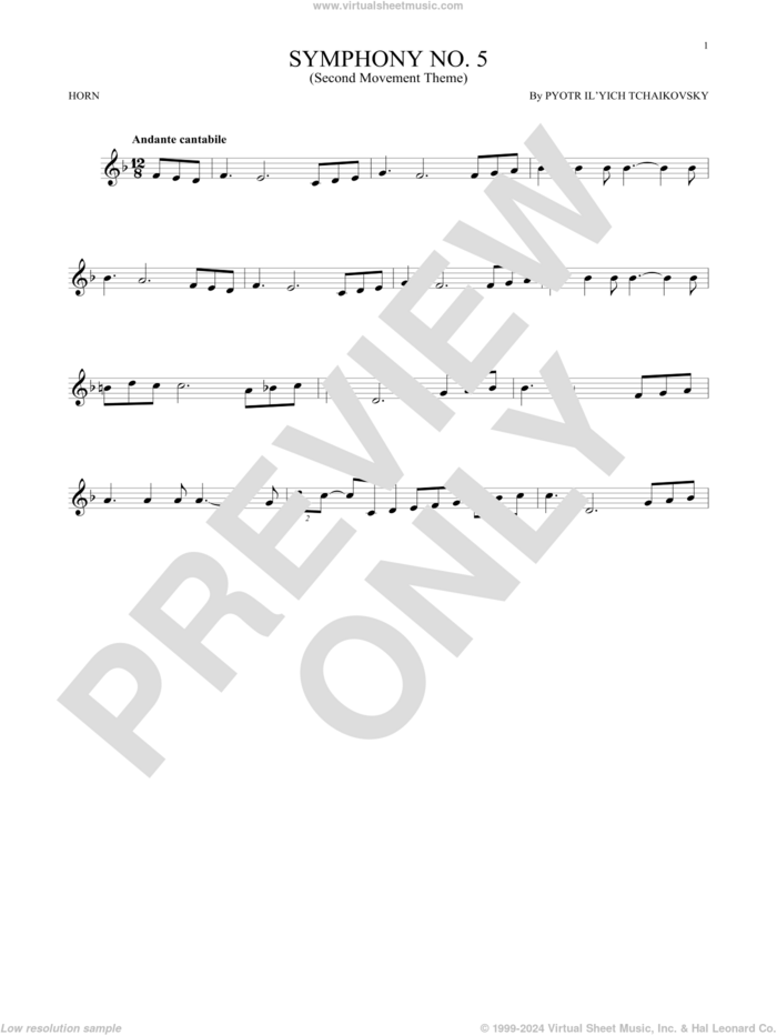 Symphony No. 5 (2nd Movement: Andante) sheet music for horn solo by Pyotr Ilyich Tchaikovsky, classical score, intermediate skill level