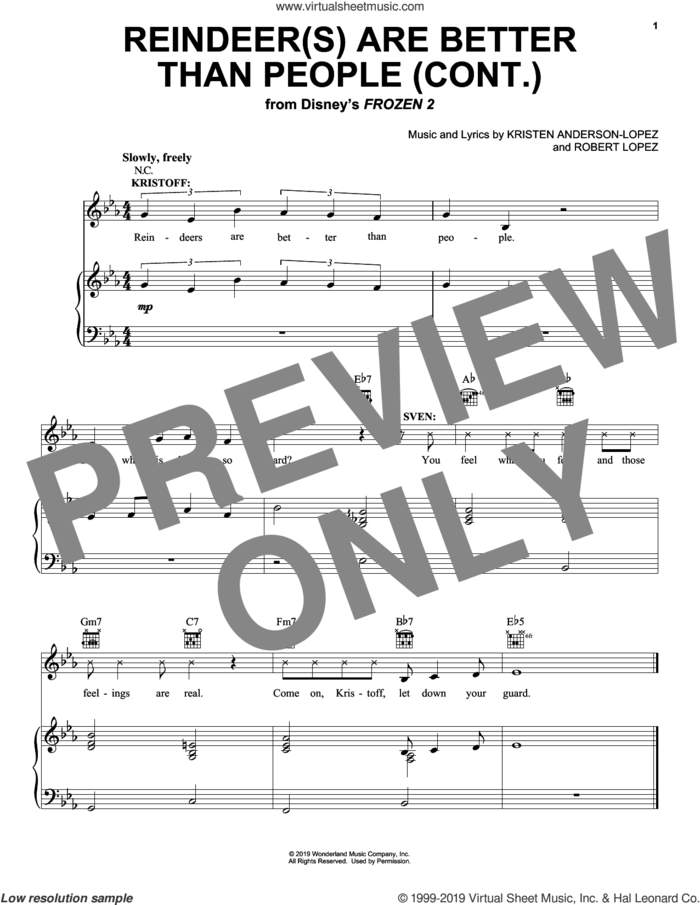 Reindeer(s) Are Better Than People (Cont.) (from Disney's Frozen 2) sheet music for voice, piano or guitar by Jonathan Groff, Kristen Anderson-Lopez and Robert Lopez, intermediate skill level