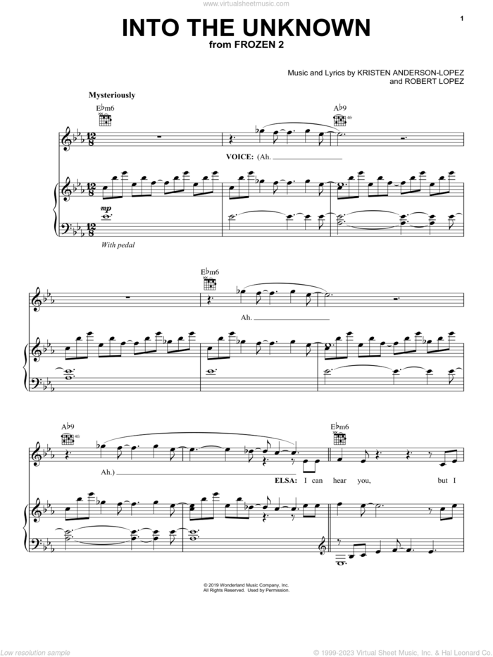 Into The Unknown (from Disney's Frozen 2) sheet music for voice, piano or guitar by Idina Menzel and AURORA, Kristen Anderson-Lopez and Robert Lopez, intermediate skill level