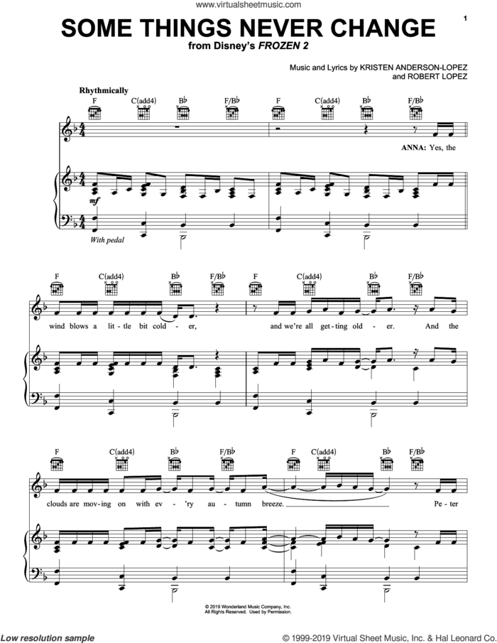 Some Things Never Change (from Disney's Frozen 2) sheet music for voice, piano or guitar by Kristen Bell, Idina Menzel and Cast of Frozen 2, Kristen Anderson-Lopez and Robert Lopez, intermediate skill level