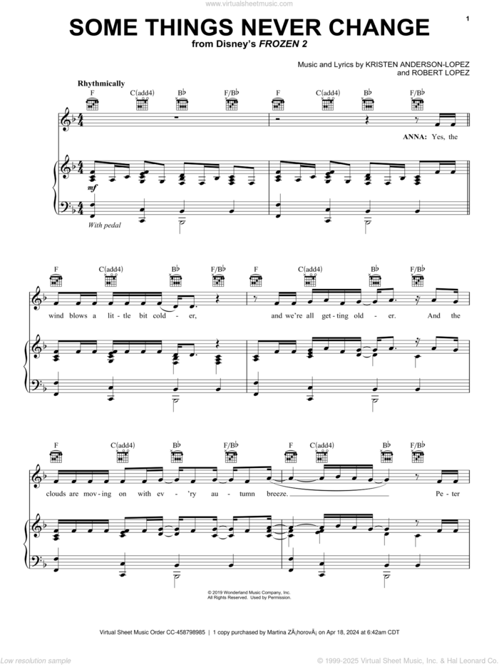 Some Things Never Change (from Disney's Frozen 2) sheet music for voice, piano or guitar by Kristen Bell, Idina Menzel and Cast of Frozen 2, Kristen Anderson-Lopez and Robert Lopez, intermediate skill level