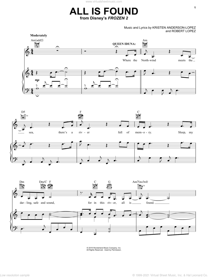 All Is Found (from Disney's Frozen 2) sheet music for voice, piano or guitar by Evan Rachel Wood, Kristen Anderson-Lopez and Robert Lopez, intermediate skill level