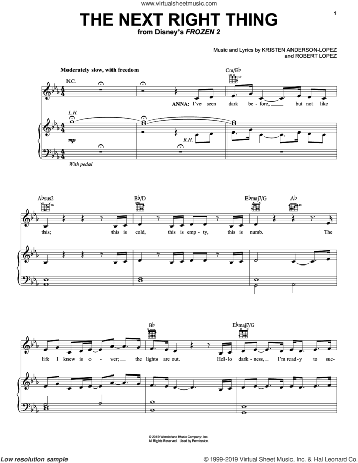 The Next Right Thing (from Disney's Frozen 2) sheet music for voice, piano or guitar by Kristen Bell, Kristen Anderson-Lopez and Robert Lopez, intermediate skill level