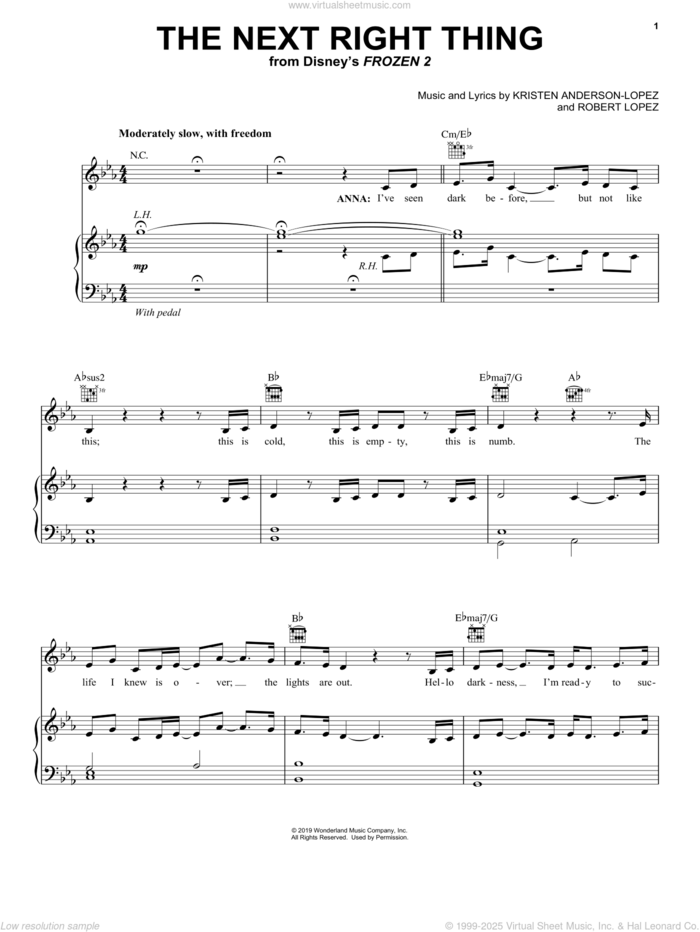 The Next Right Thing (from Disney's Frozen 2) sheet music for voice, piano or guitar by Kristen Bell, Kristen Anderson-Lopez and Robert Lopez, intermediate skill level