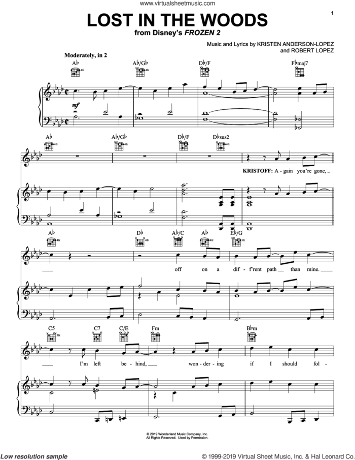 Lost In The Woods (from Disney's Frozen 2) sheet music for voice, piano or guitar by Jonathan Groff, Kristen Anderson-Lopez and Robert Lopez, intermediate skill level