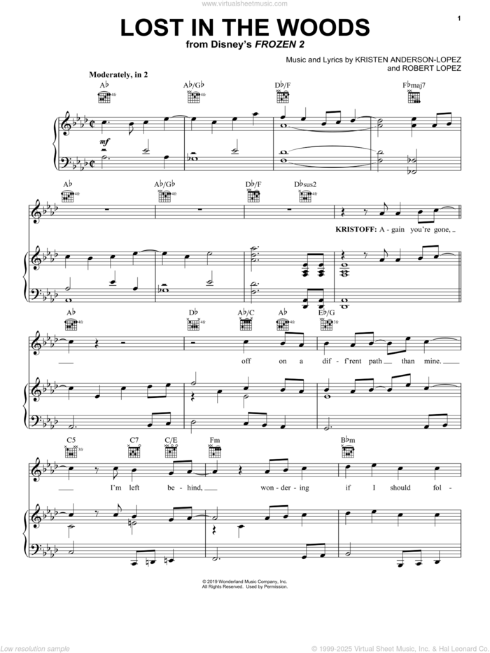 Lost In The Woods (from Disney's Frozen 2) sheet music for voice, piano or guitar by Jonathan Groff, Kristen Anderson-Lopez and Robert Lopez, intermediate skill level