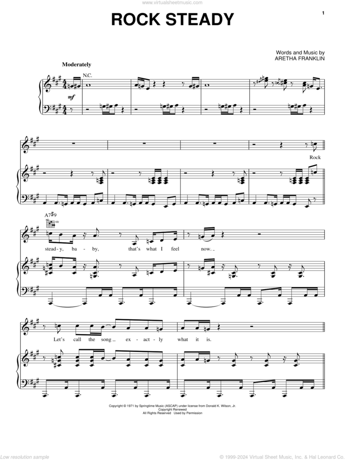 Rock Steady sheet music for voice, piano or guitar by Aretha Franklin, intermediate skill level