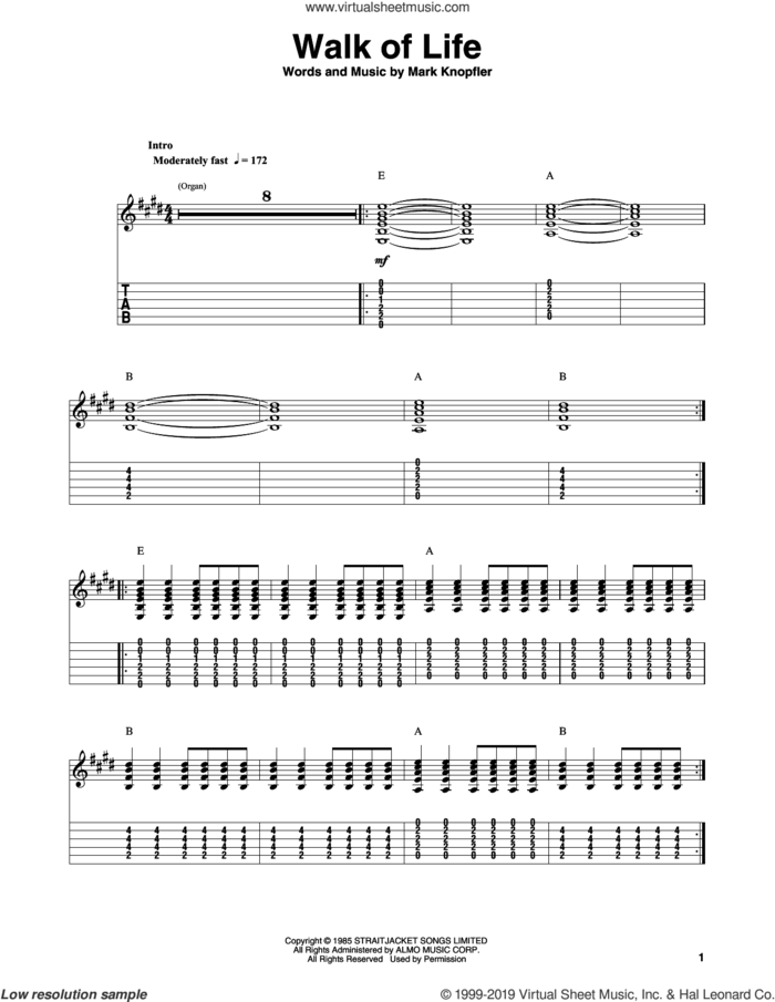 Walk Of Life sheet music for guitar (tablature, play-along) by Dire Straits and Mark Knopfler, intermediate skill level