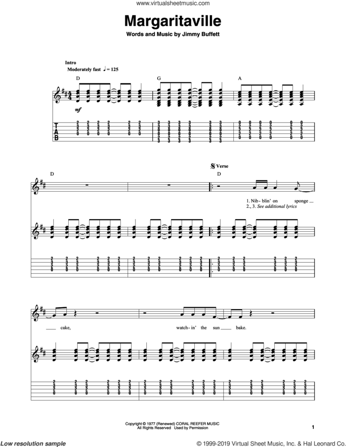 Margaritaville sheet music for guitar (tablature, play-along) by Jimmy Buffett, intermediate skill level