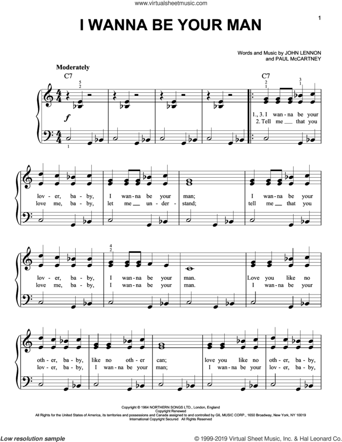 I Wanna Be Your Man sheet music for piano solo by The Beatles, John Lennon and Paul McCartney, easy skill level