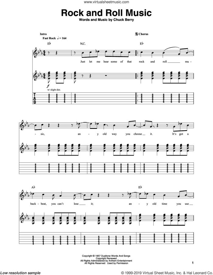 Rock And Roll Music sheet music for guitar (tablature, play-along) by Chuck Berry, intermediate skill level