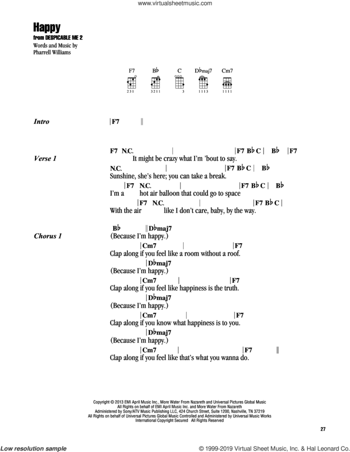 Happy (from Despicable Me 2) sheet music for ukulele (chords) by Pharrell and Pharrell Williams, intermediate skill level