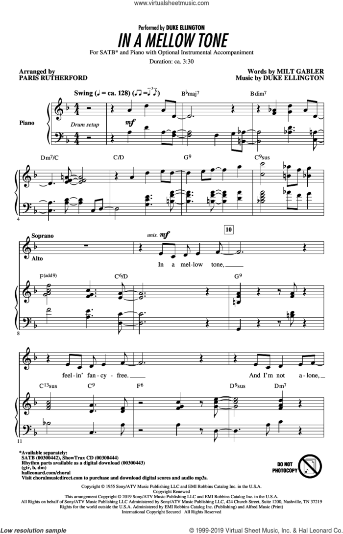 In A Mellow Tone (arr. Paris Rutherford) sheet music for choir (SATB: soprano, alto, tenor, bass) by Duke Ellington, Paris Rutherford and Milt Gabler, intermediate skill level