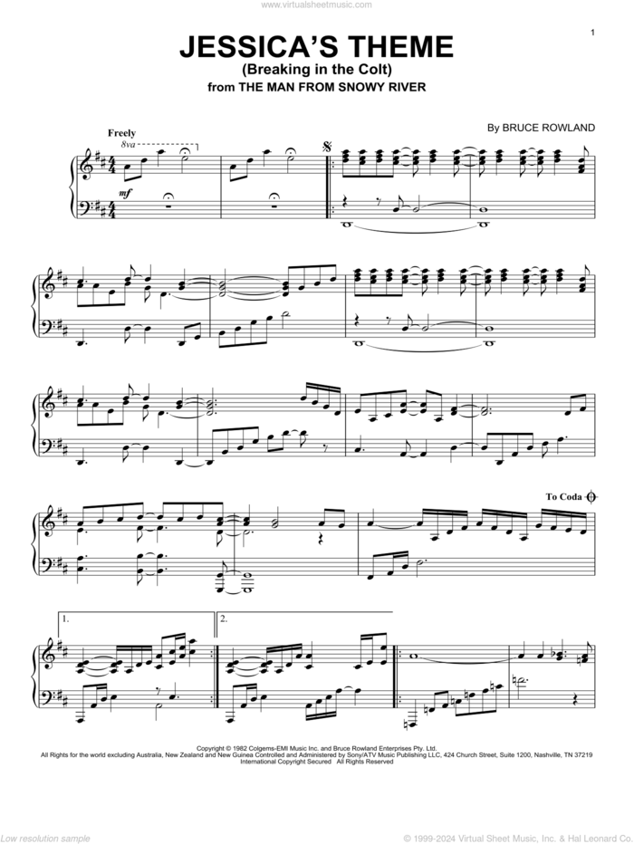 Jessica's Theme (Breaking In The Colt) (from The Man From Snowy River) sheet music for voice, piano or guitar by Bruce Rowland, intermediate skill level