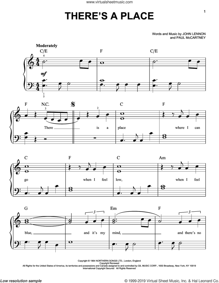There's A Place sheet music for piano solo by The Beatles, John Lennon and Paul McCartney, easy skill level