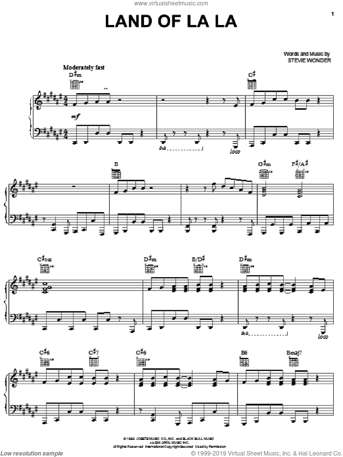 Land Of La La sheet music for voice, piano or guitar by Stevie Wonder, intermediate skill level