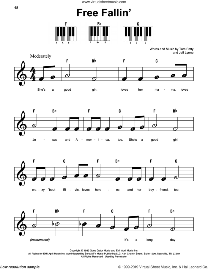 Free Fallin' sheet music for piano solo by Tom Petty and Jeff Lynne, beginner skill level