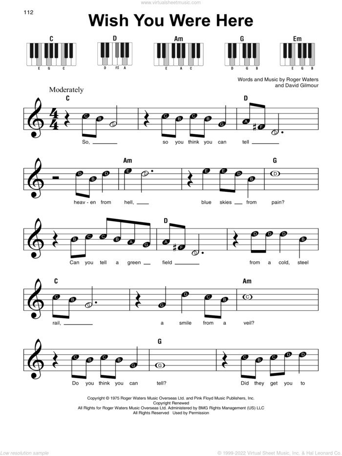 Wish You Were Here sheet music for piano solo by Pink Floyd, David Gilmour and Roger Waters, beginner skill level