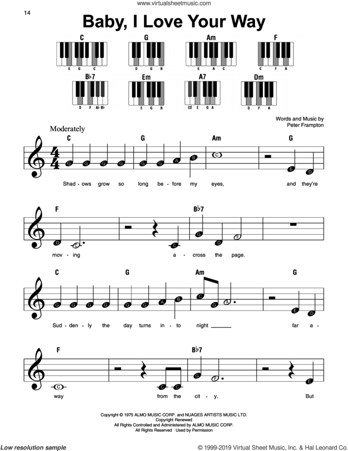 Baby, I Love Your Way, (beginner) sheet music for piano solo by Peter Frampton, beginner skill level