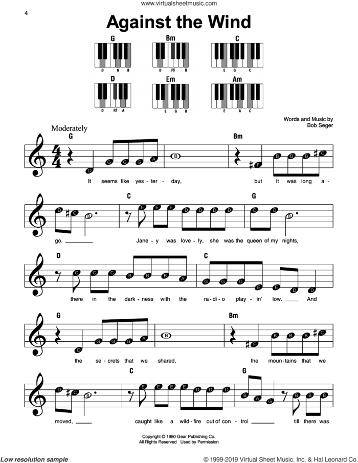 Against The Wind sheet music for piano solo by Bob Seger & The Silver Bullet Band and Bob Seger, beginner skill level