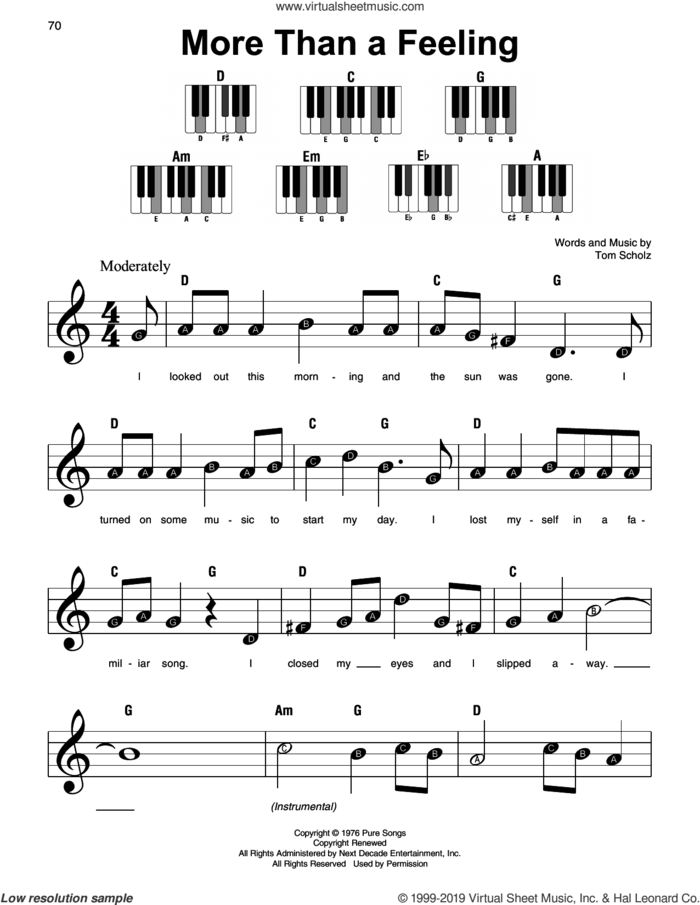 More Than A Feeling sheet music for piano solo by Boston and Tom Scholz, beginner skill level