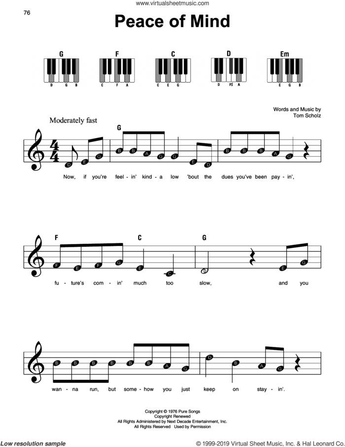 Peace Of Mind sheet music for piano solo by Boston and Tom Scholz, beginner skill level