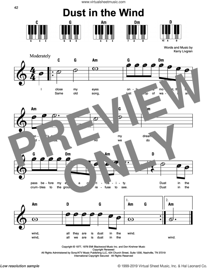 Dust In The Wind, (beginner) sheet music for piano solo by Kansas and Kerry Livgren, beginner skill level