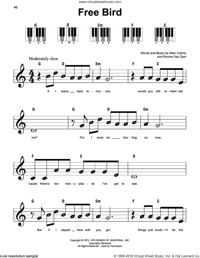 Free Bird sheet music for piano solo by Lynyrd Skynyrd, Allen Collins and Ronnie Van Zant, beginner skill level