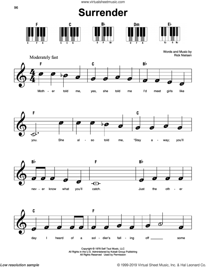 Surrender sheet music for piano solo by Cheap Trick and Rick Nielsen, beginner skill level