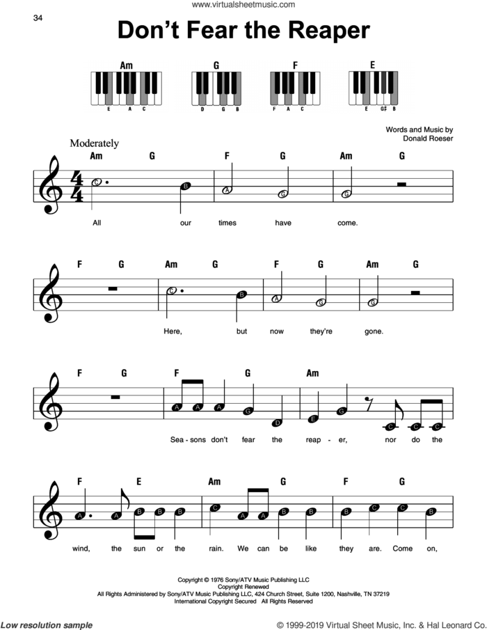 Don't Fear The Reaper sheet music for piano solo by Blue Oyster Cult and Donald Roeser, beginner skill level