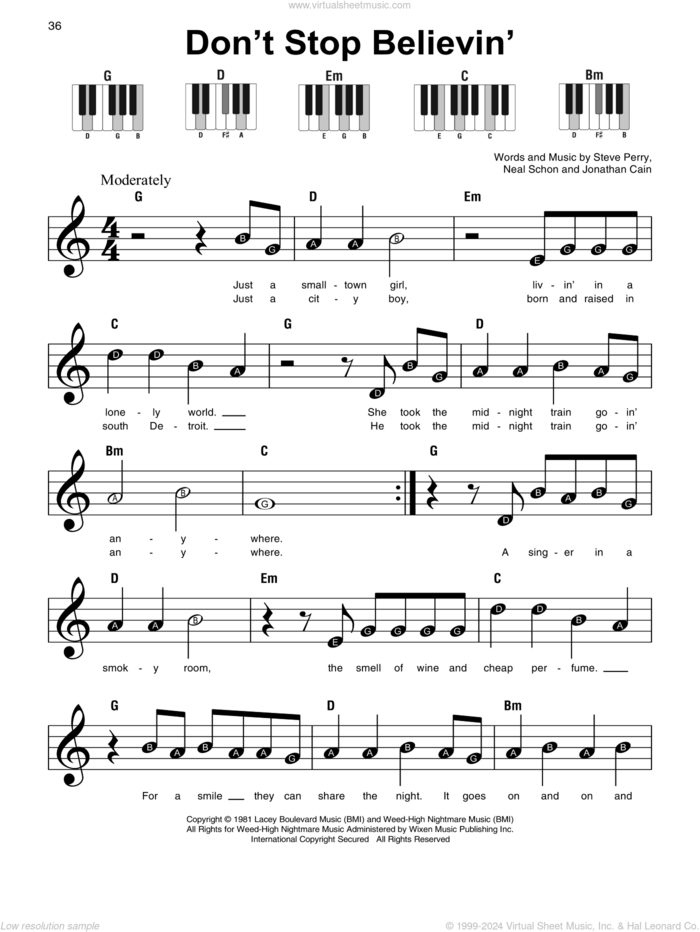 Don't Stop Believin' sheet music for piano solo by Journey, Jonathan Cain, Neal Schon and Steve Perry, beginner skill level