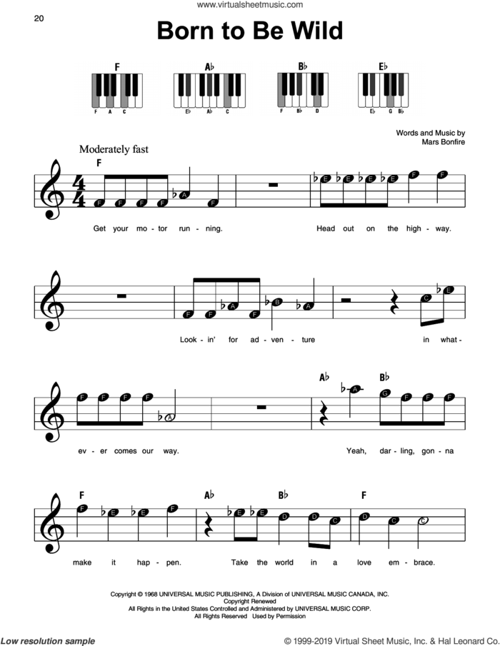 Born To Be Wild, (beginner) sheet music for piano solo by Steppenwolf and Mars Bonfire, beginner skill level