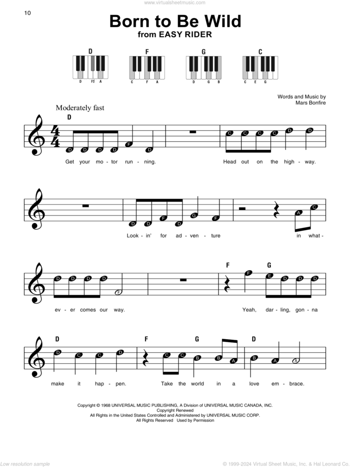 Born To Be Wild, (beginner) sheet music for piano solo by Steppenwolf and Mars Bonfire, beginner skill level