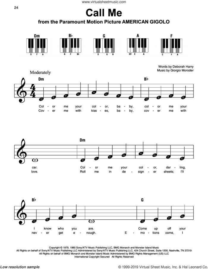 Call Me sheet music for piano solo by Blondie, Deborah Harry and Giorgio Moroder, beginner skill level