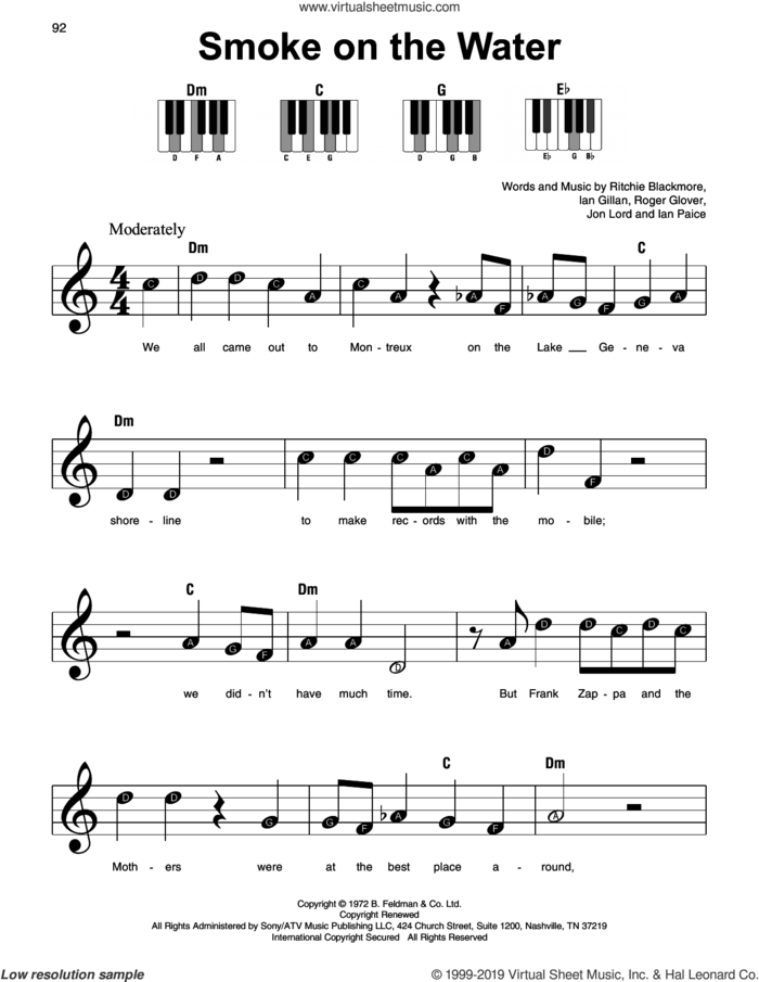 Smoke On The Water sheet music for piano solo by Deep Purple, Ian Gillan, Ian Paice, Jon Lord, Ritchie Blackmore and Roger Glover, beginner skill level