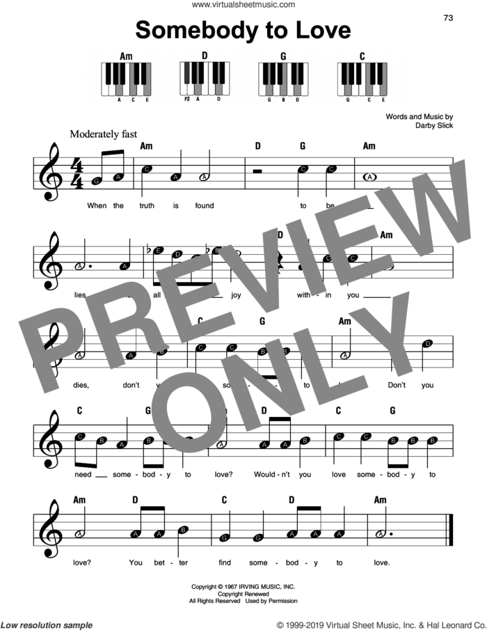 Somebody To Love, (beginner) sheet music for piano solo by Jefferson Airplane and Darby Slick, beginner skill level