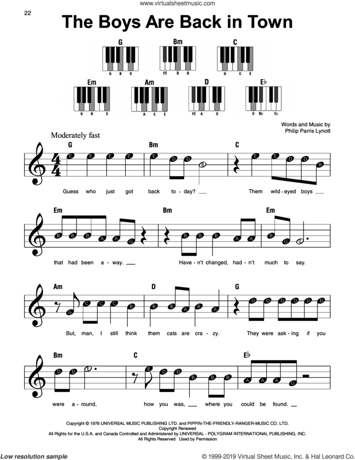 The Boys Are Back In Town sheet music for piano solo by Thin Lizzy and Phil Lynott, beginner skill level
